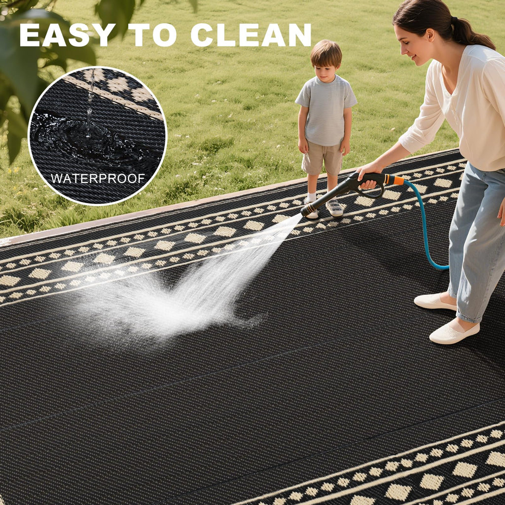 RURALITY Outdoor Rugs 8'x10' Waterproof for Patios Clearance,Plastic Straw Mats for RV, Camping,Backyard,Porch,Deck,Balcony,Reversible,Geometric