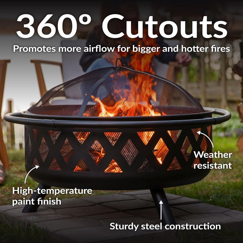 Sunnydaze Crossweave Outdoor Fire Pit | Wood-Burning | 30" & 36" | Spark Screen, Poker & Cover Included