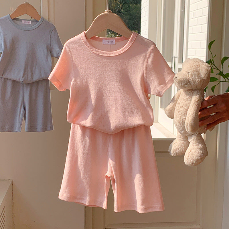 Children's Summer Sleepwear Set, Girls' Lightweight Short Sleeve and Shorts Breathable Cotton Pajamas, Baby Air Conditioning Home Wear