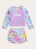 Cute Maple Leaf Print Long Sleeve Conservative Swimwear for Girls
