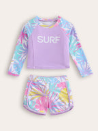 Cute Maple Leaf Print Long Sleeve Conservative Swimwear for Girls