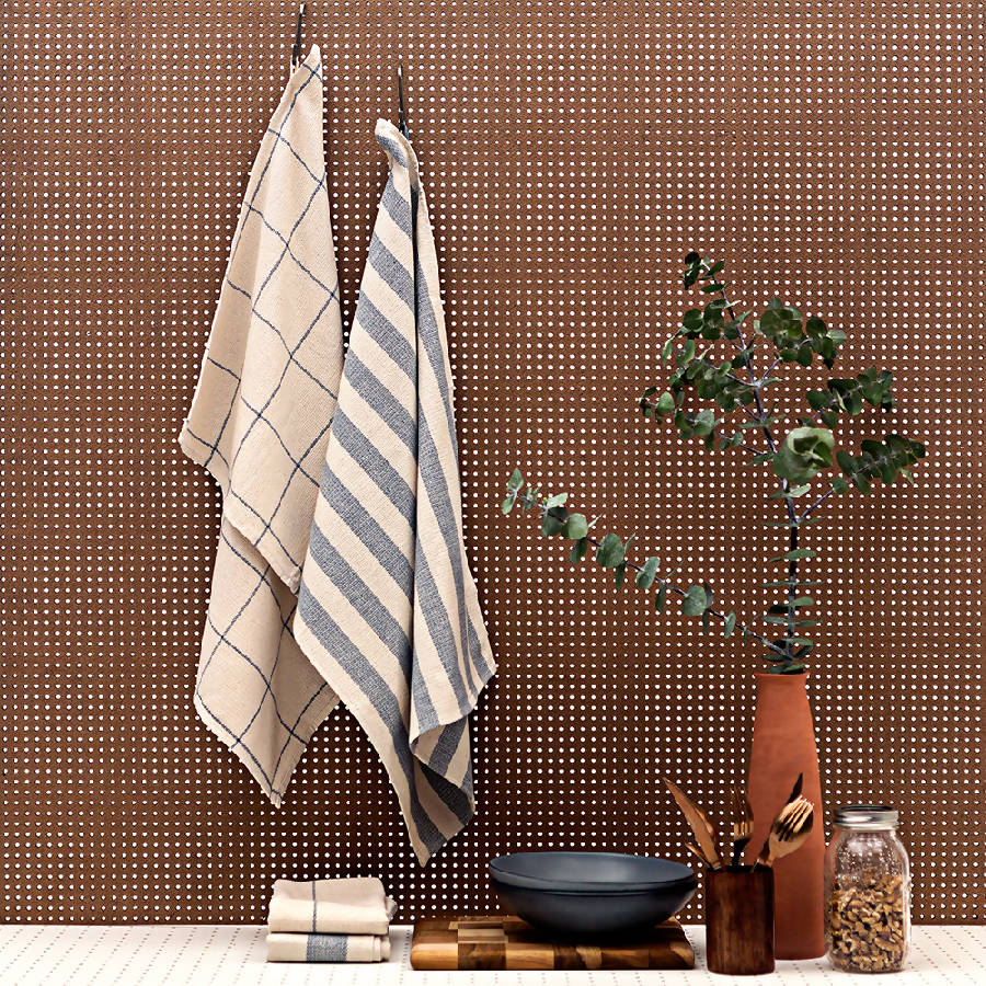 Farmhouse Kitchen Towel Set of 4 – 100% Upcycled Cotton, Natural & Denim