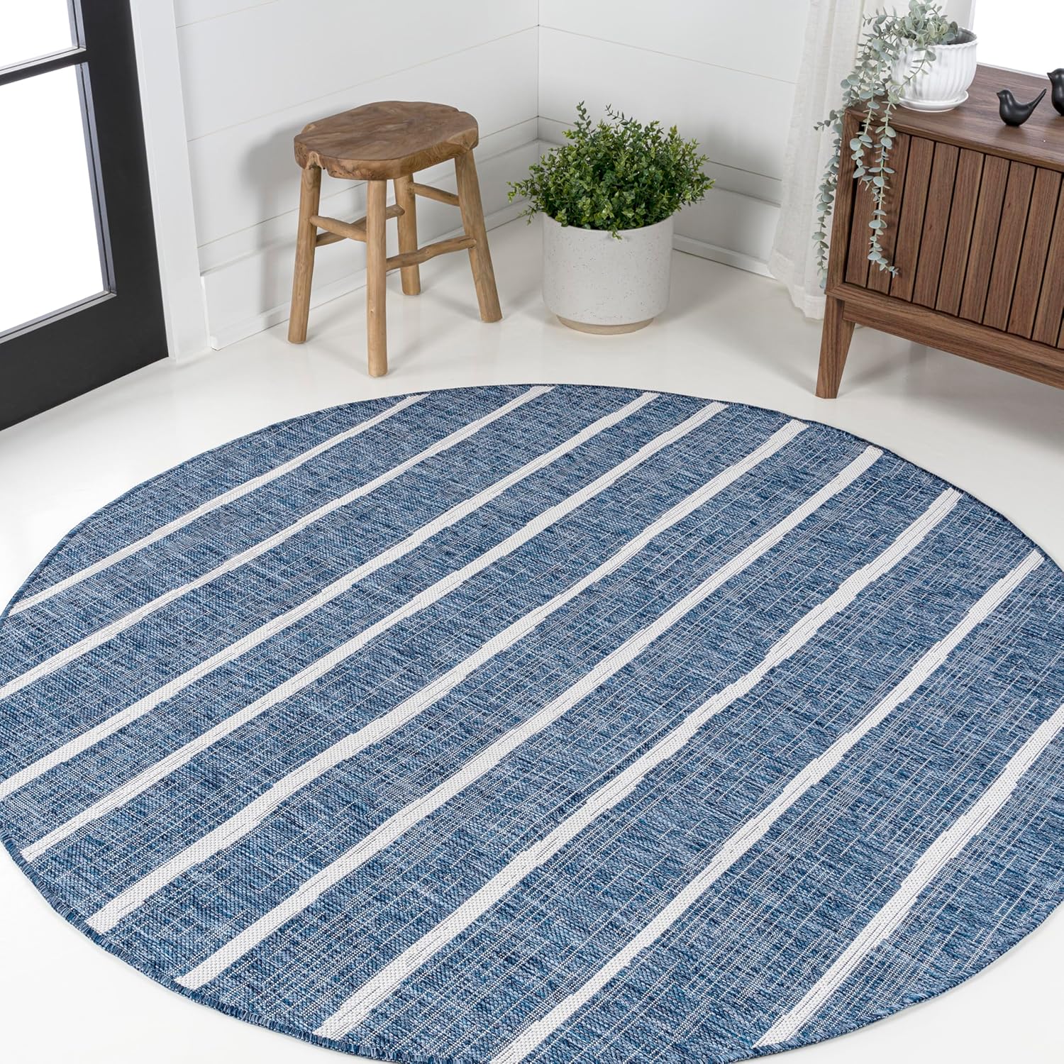 JONATHAN Y Berber Stripe Indoor/Outdoor Area Rug 5x8 – Blue & Ivory