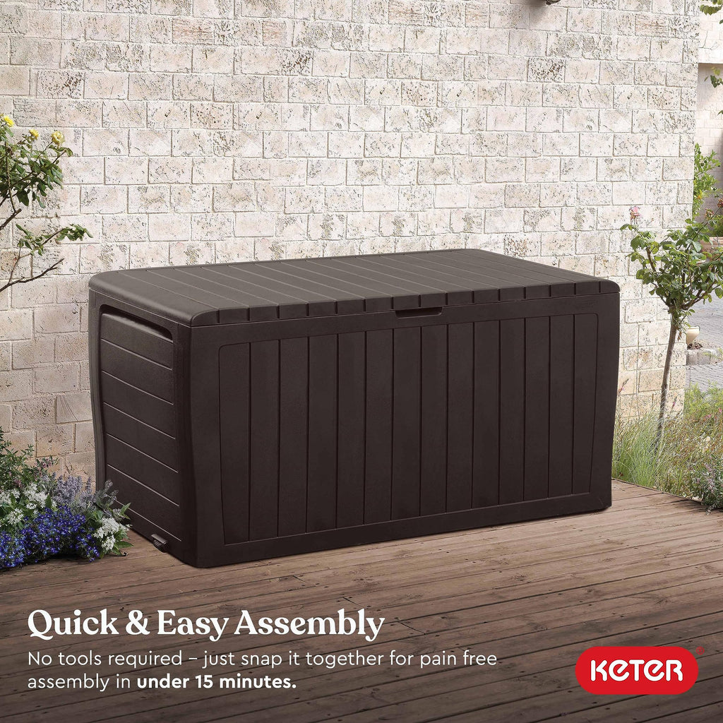 Keter Marvel Plus 71 Gallon Resin Outdoor Storage Box for Patio Furniture Cushions, Throw Pillows, Garden Tools and Pool Floats, Beige