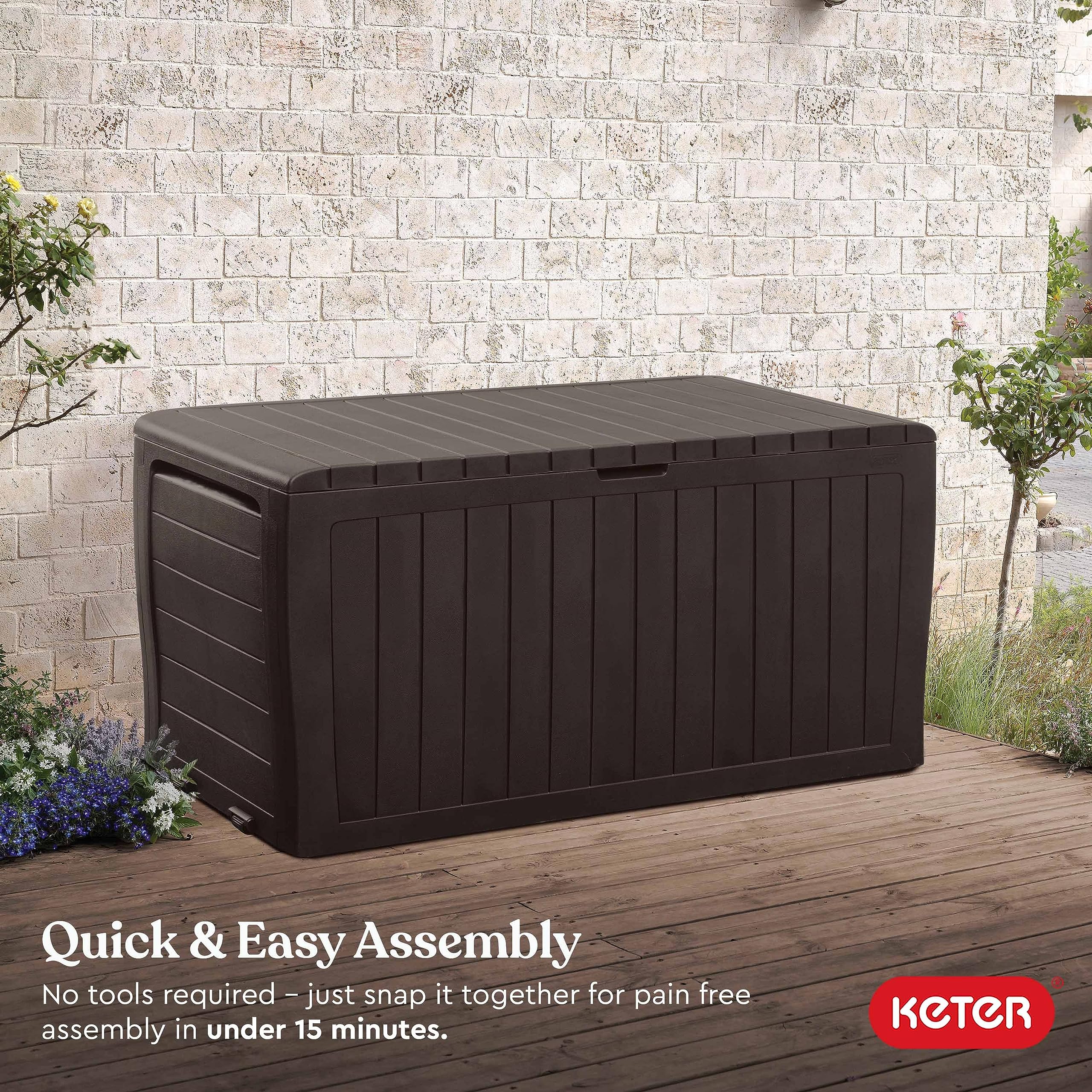 Keter Marvel Plus 71 Gallon Resin Outdoor Storage Box for Patio Furniture Cushions, Throw Pillows, Garden Tools and Pool Floats, Beige
