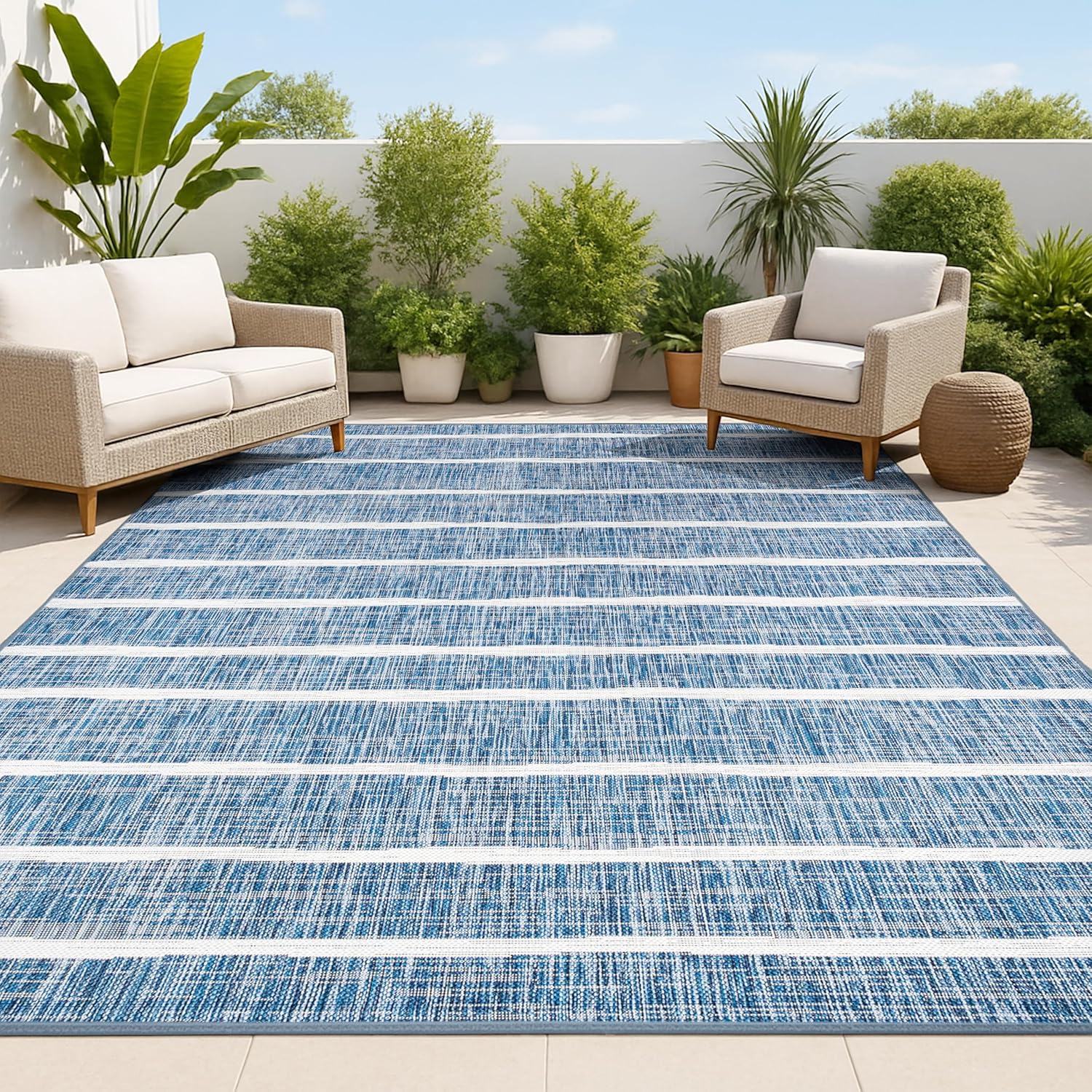 JONATHAN Y Berber Stripe Indoor/Outdoor Area Rug 5x8 – Blue & Ivory