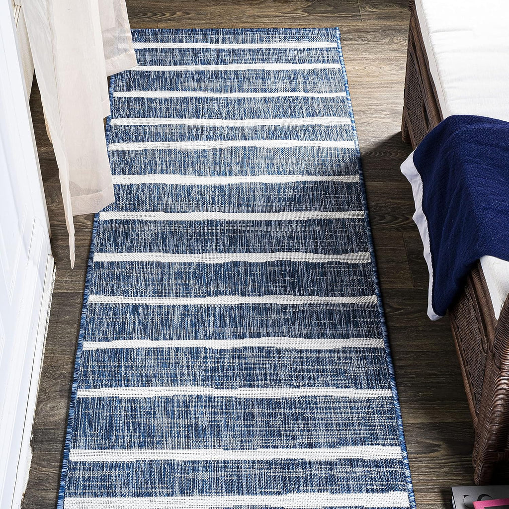 JONATHAN Y Berber Stripe Indoor/Outdoor Area Rug 5x8 – Blue & Ivory