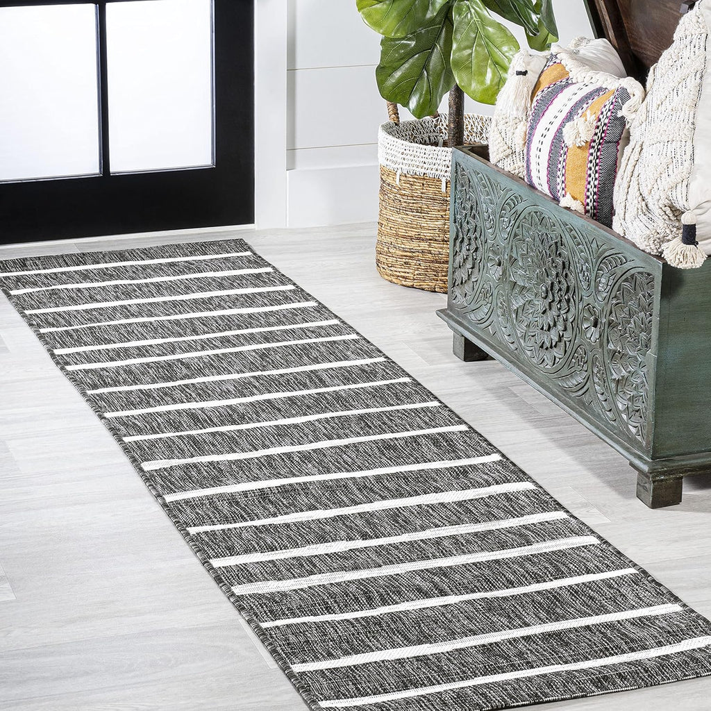 JONATHAN Y Berber Stripe Indoor/Outdoor Area Rug 5x8 – Blue & Ivory