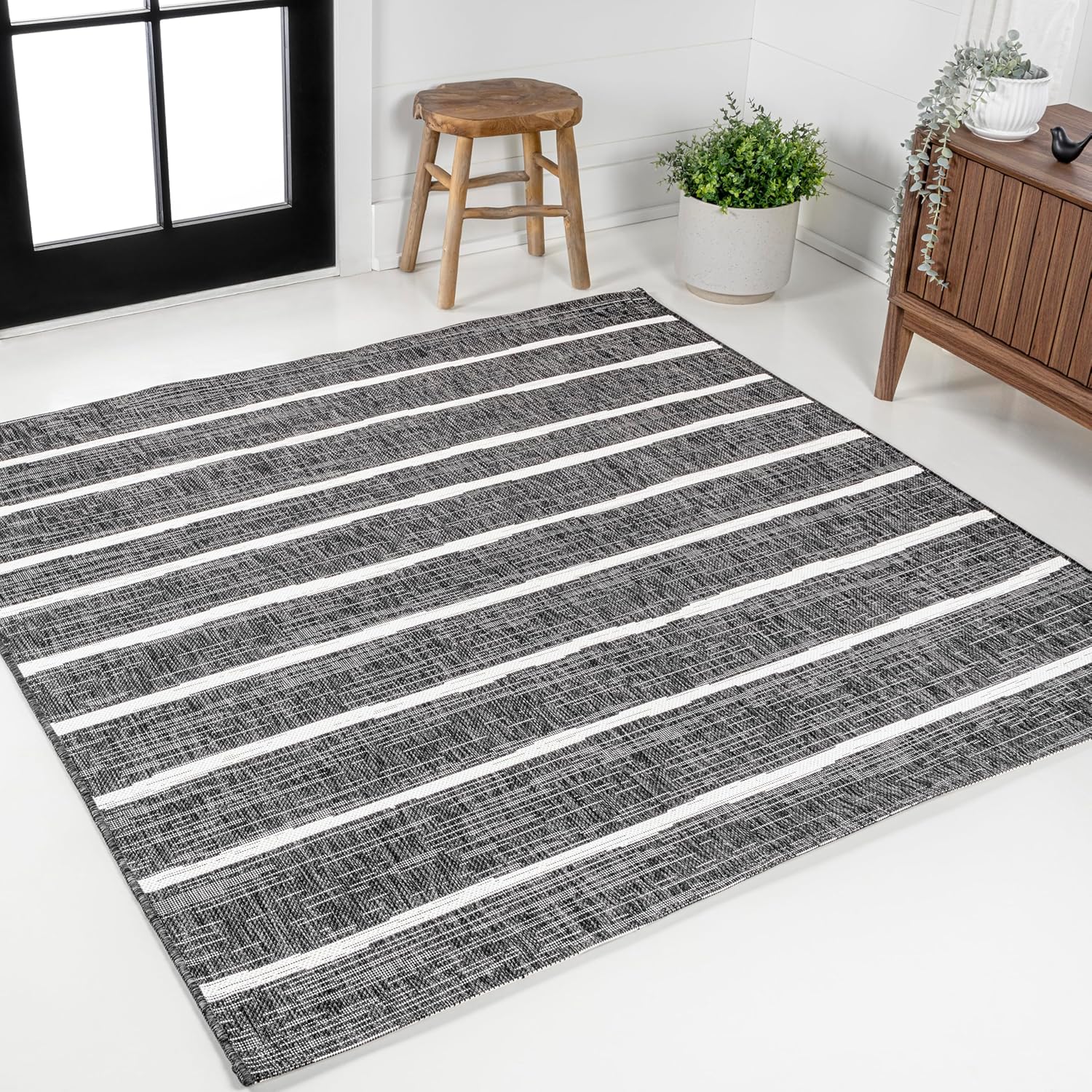 JONATHAN Y Berber Stripe Indoor/Outdoor Area Rug 5x8 – Blue & Ivory