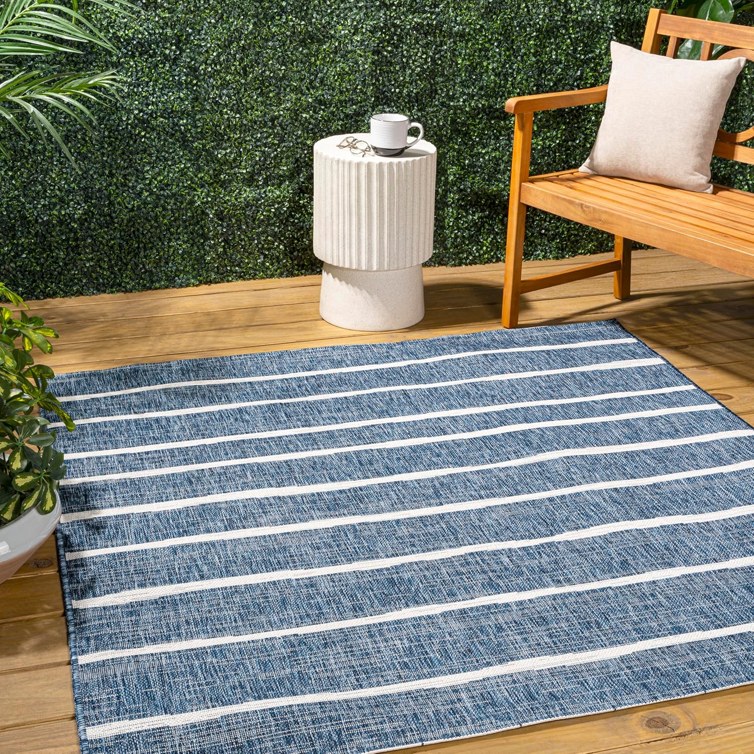 JONATHAN Y Berber Stripe Indoor/Outdoor Area Rug 5x8 – Blue & Ivory