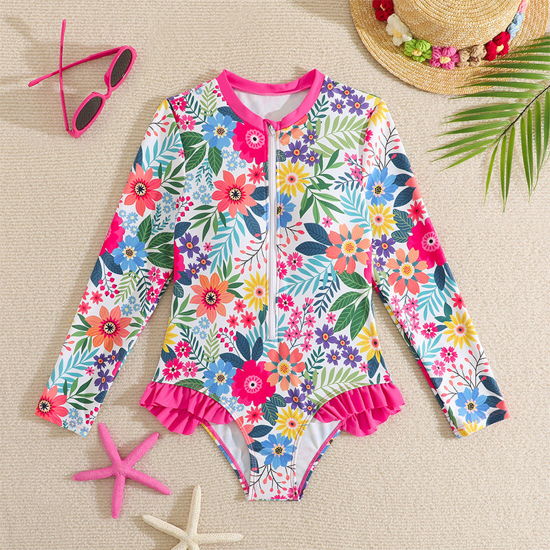 Long Sleeve Printed Bikini for Kids Girls Beach Vacation Outfit