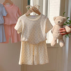 Children's Summer Sleepwear Set, Girls' Lightweight Short Sleeve and Shorts Breathable Cotton Pajamas, Baby Air Conditioning Home Wear