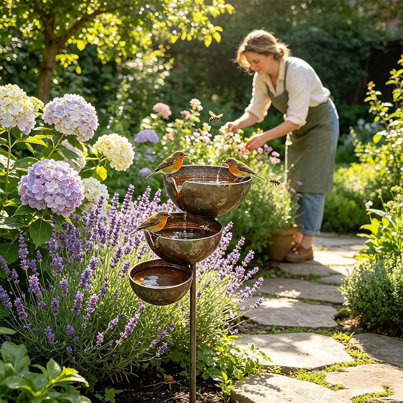 Vintage Iron Bird Bath with Rotating Feeders – Rustic Garden Stake Decor