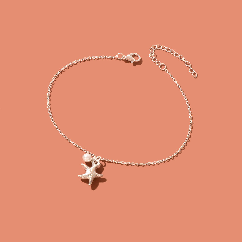 Foot Jewelry Starfish Imitation Pearl Charm Silvery Chain Anklet Beach Accessories-2