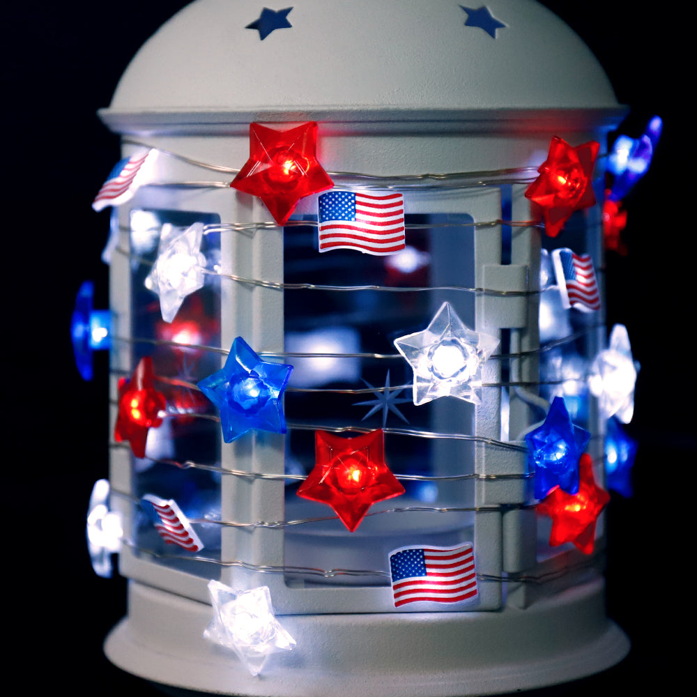 American Flag LED String Lights | Red White & Blue, Battery & USB, Remote Control