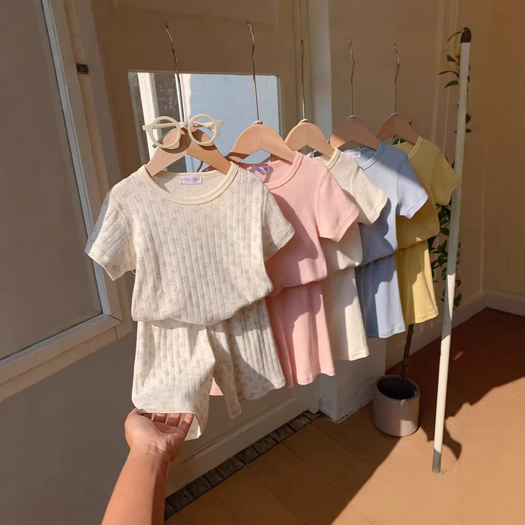 Children's Summer Sleepwear Set, Girls' Lightweight Short Sleeve and Shorts Breathable Cotton Pajamas, Baby Air Conditioning Home Wear