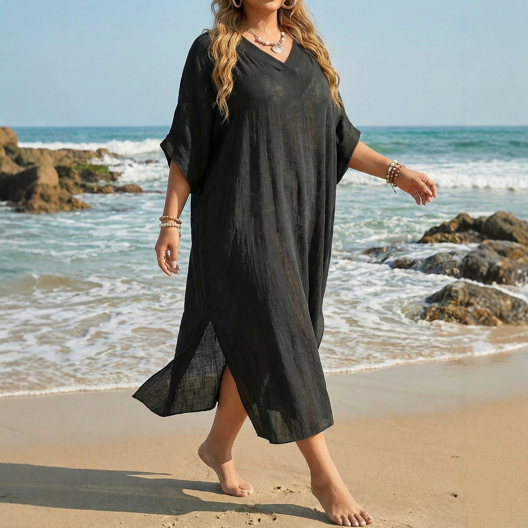 Plus Size Women's Bikini Cover-up V-Neck Loose Casual Dress with Slit Floor-Length Beach Dress