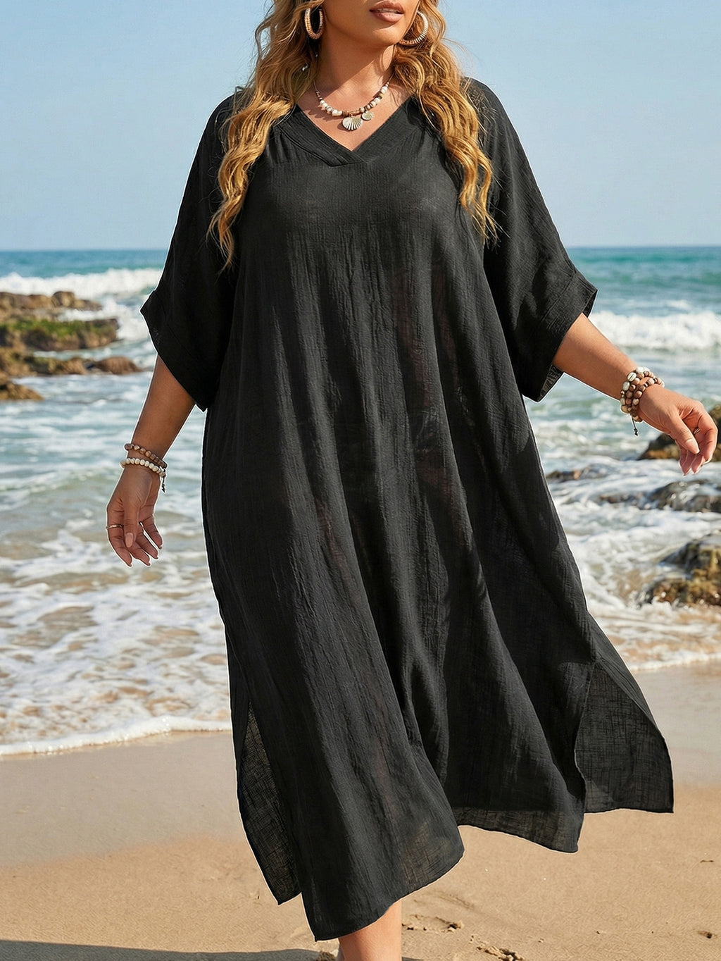 Plus Size Women's Bikini Cover-up V-Neck Loose Casual Dress with Slit Floor-Length Beach Dress