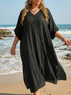 Plus Size Women's Bikini Cover-up V-Neck Loose Casual Dress with Slit Floor-Length Beach Dress