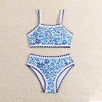 Printed Blue and White Porcelain Swimwear for Girls, Kids Beach Hot Spring Vacation Bikini Swimsuit