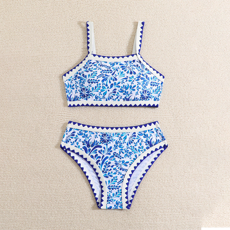 Printed Blue and White Porcelain Swimwear for Girls, Kids Beach Hot Spring Vacation Bikini Swimsuit