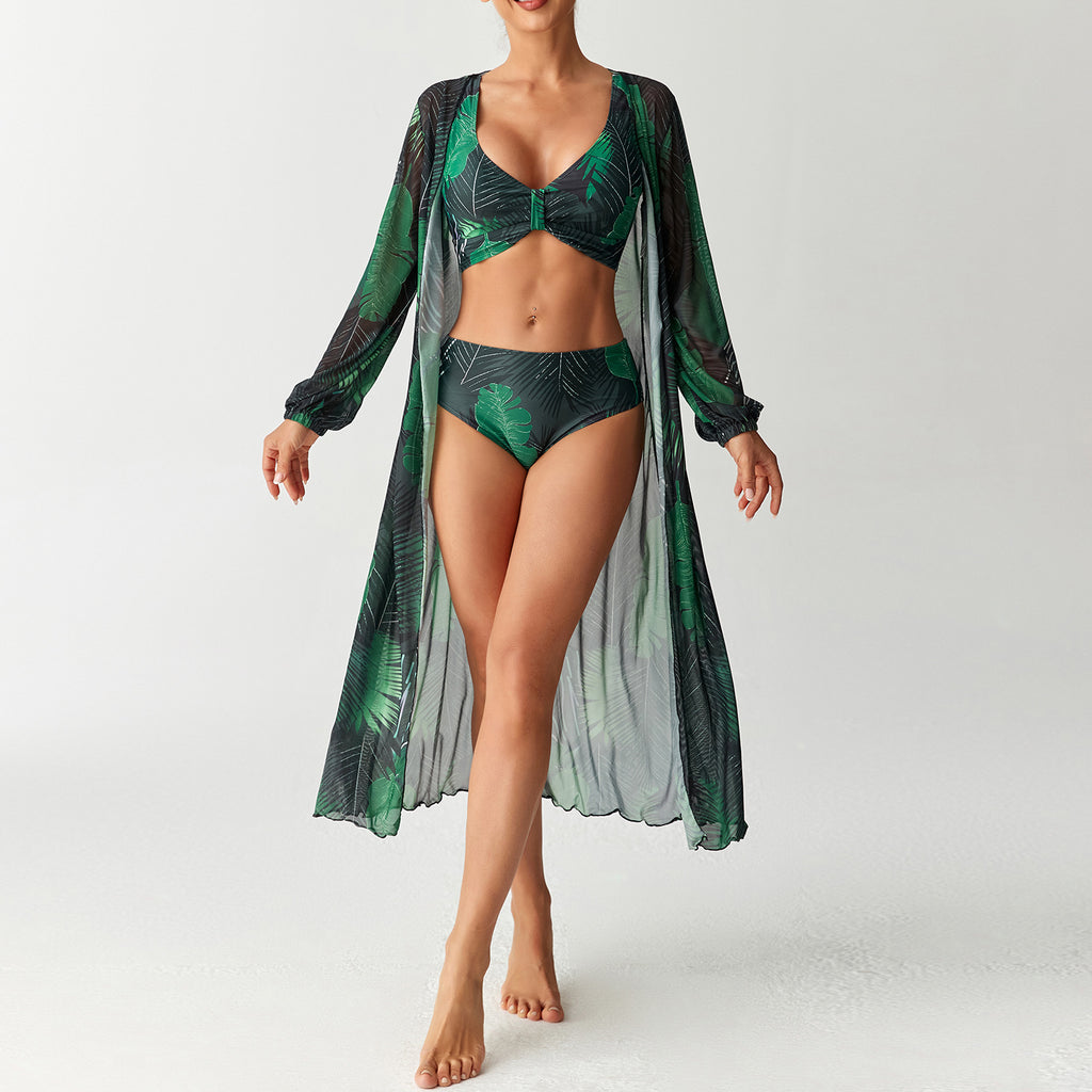 Printed split swimsuit three piece long sleeved set