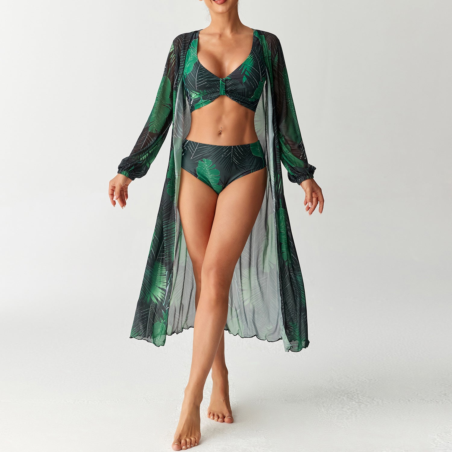 Printed split swimsuit three piece long sleeved set