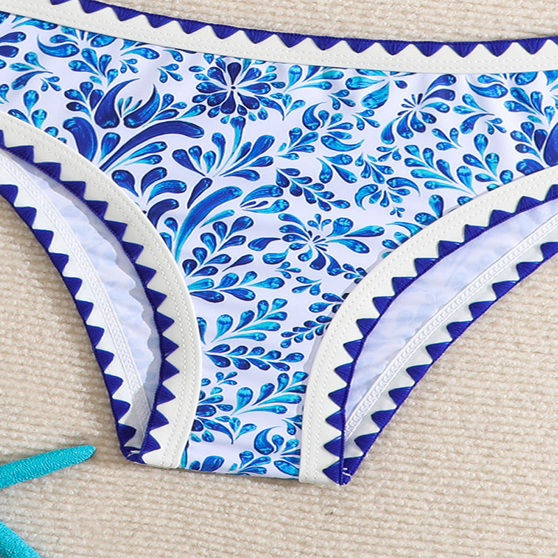 Printed Blue and White Porcelain Swimwear for Girls, Kids Beach Hot Spring Vacation Bikini Swimsuit