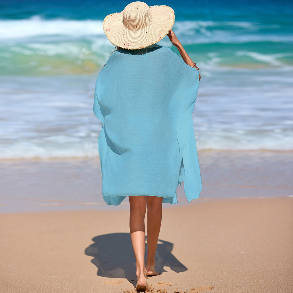Beach Cover-Up Polo Collar Shirt Sheer Top Loose Short Sleeve Bikini Cover-Up