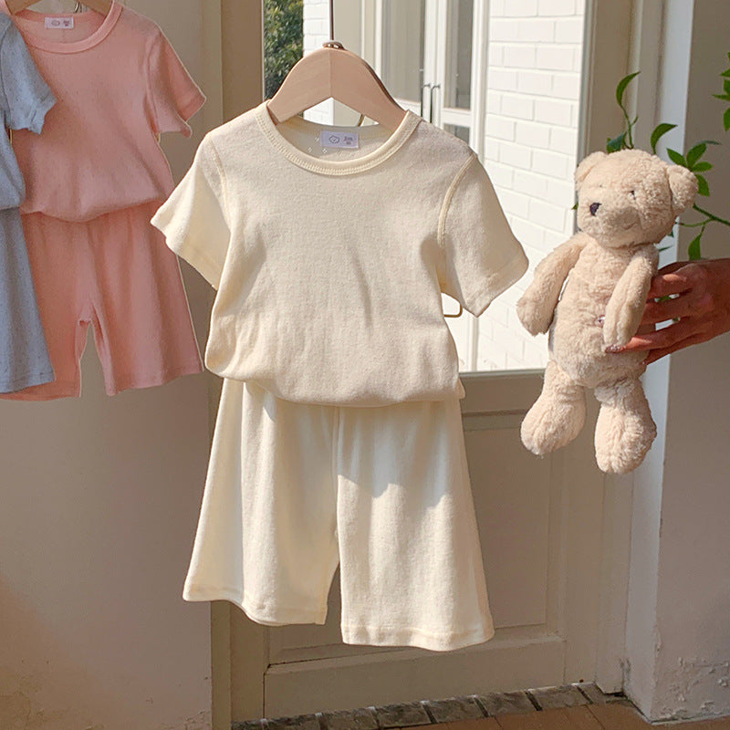 Children's Summer Sleepwear Set, Girls' Lightweight Short Sleeve and Shorts Breathable Cotton Pajamas, Baby Air Conditioning Home Wear