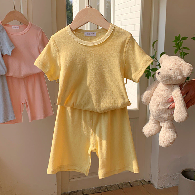 Children's Summer Sleepwear Set, Girls' Lightweight Short Sleeve and Shorts Breathable Cotton Pajamas, Baby Air Conditioning Home Wear