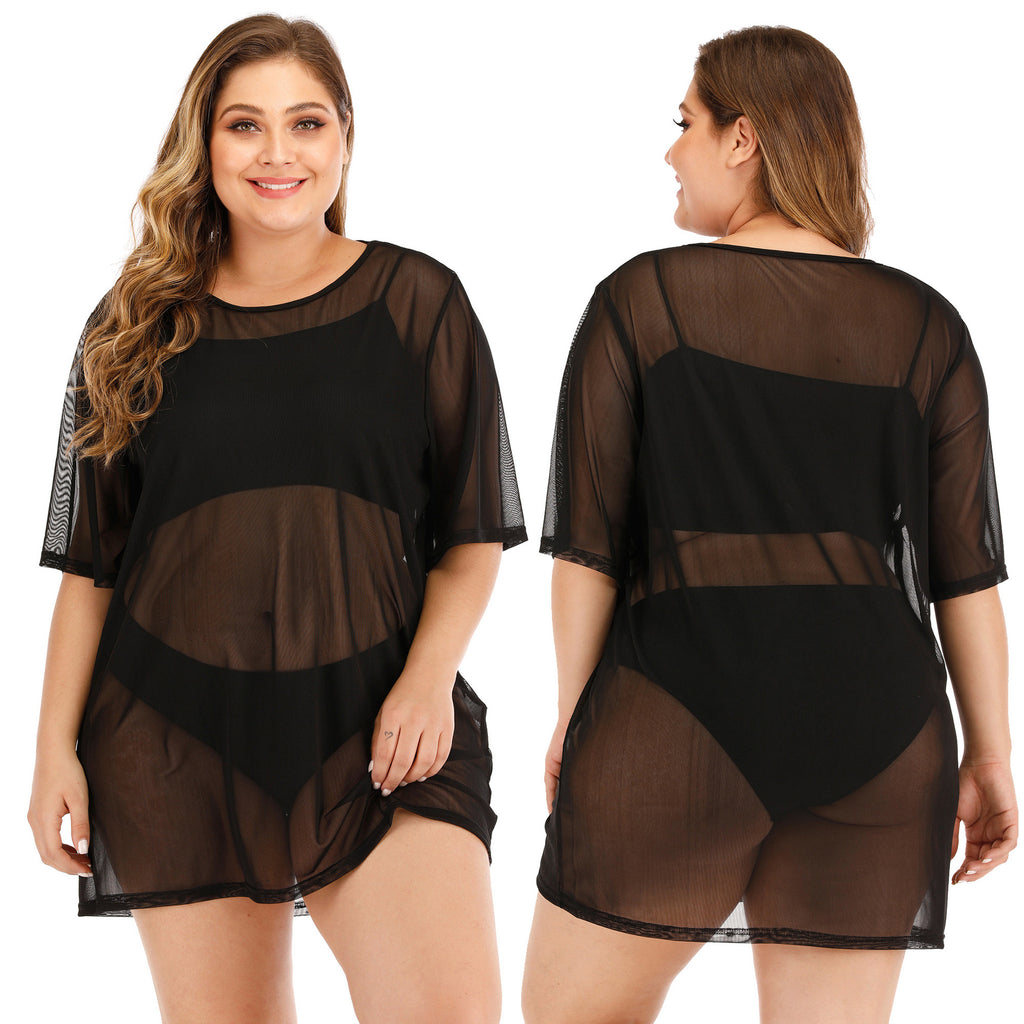 Plus Size Women's Sexy Sheer Mesh Beach Dress Bikini Cover-Up