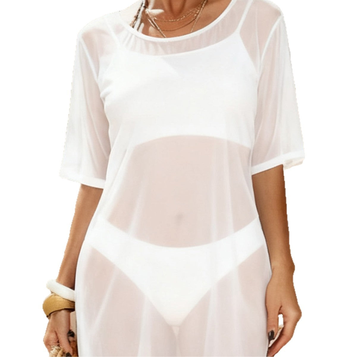 Sexy Sheer Mesh Dress with Five-Quarter Sleeves Casual T-Shirt Beach Cover-Up