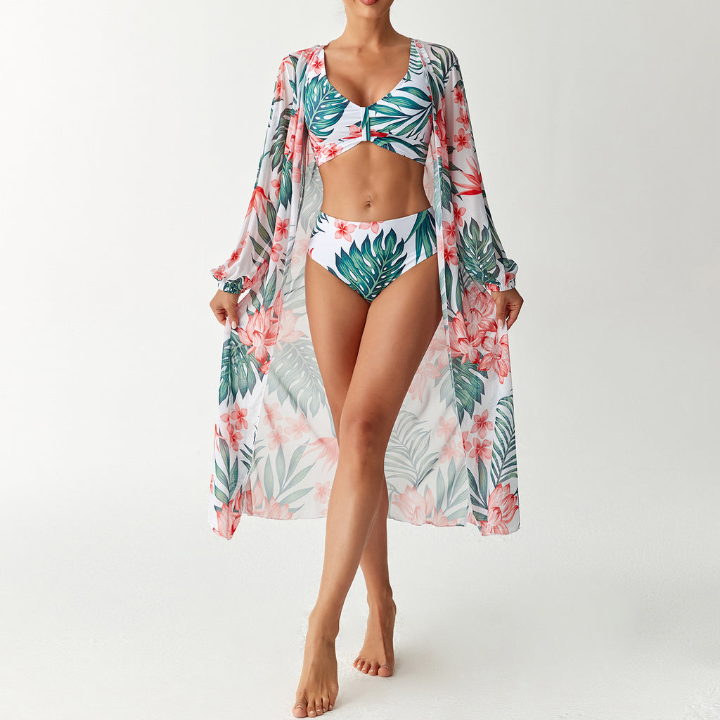 Printed split swimsuit three piece long sleeved set