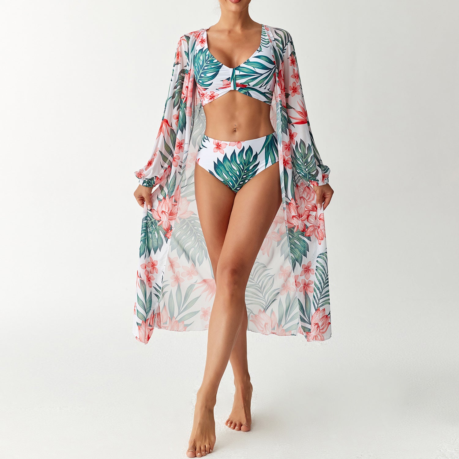 Printed split swimsuit three piece long sleeved set