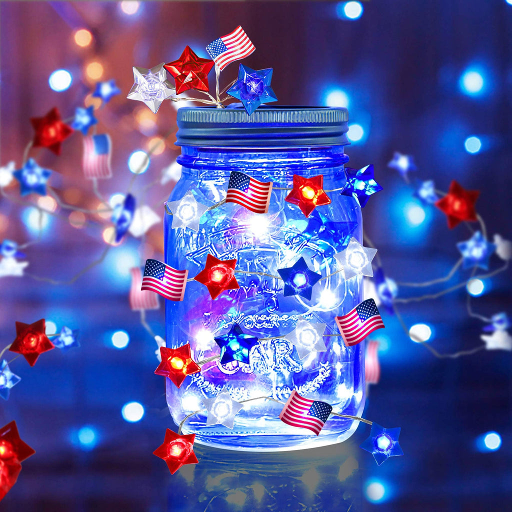 American Flag LED String Lights | Red White & Blue, Battery & USB, Remote Control