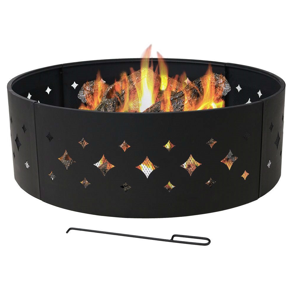 Heavy Duty 36" Black Steel Fire Pit Ring with Diamond Pattern