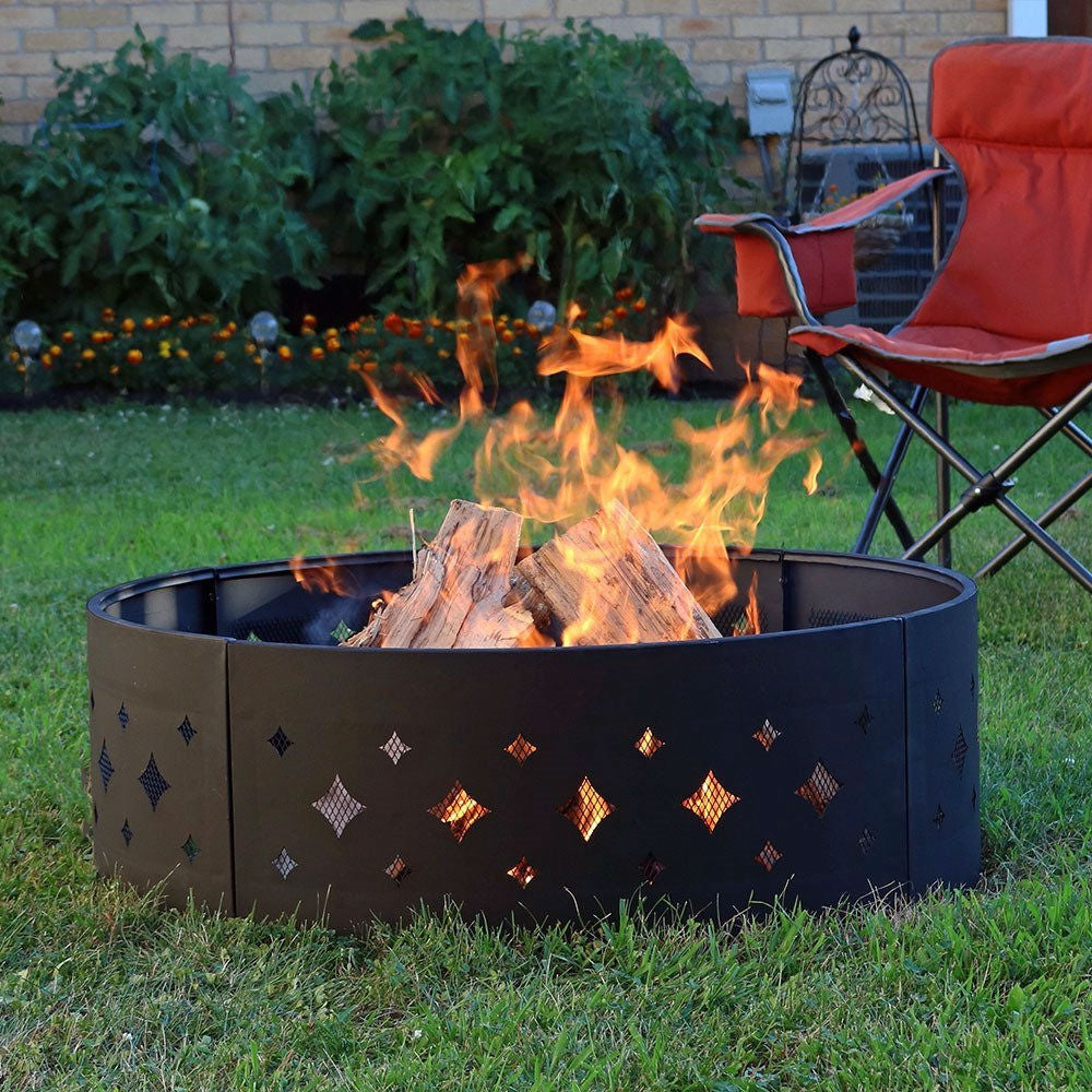 Heavy Duty 36" Black Steel Fire Pit Ring with Diamond Pattern