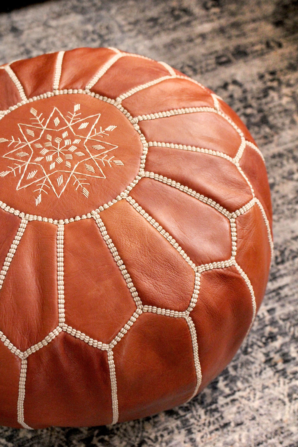 Jasmine Moroccan Leather Pouf | Handcrafted Floral Embroidered Ottoman