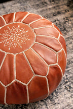 Jasmine Moroccan Leather Pouf | Handcrafted Floral Embroidered Ottoman