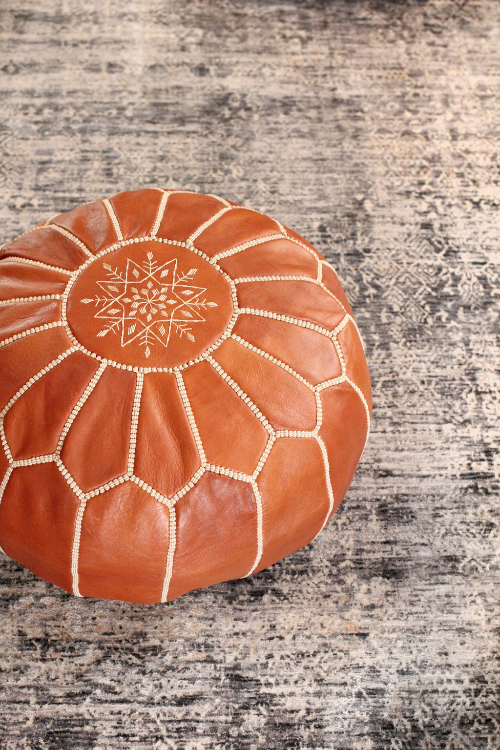 Jasmine Moroccan Leather Pouf | Handcrafted Floral Embroidered Ottoman