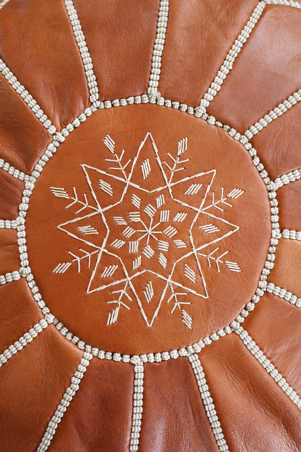 Jasmine Moroccan Leather Pouf | Handcrafted Floral Embroidered Ottoman