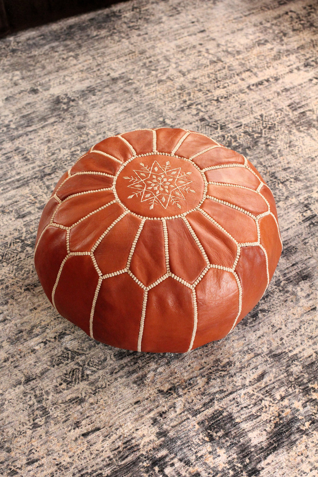Jasmine Moroccan Leather Pouf | Handcrafted Floral Embroidered Ottoman