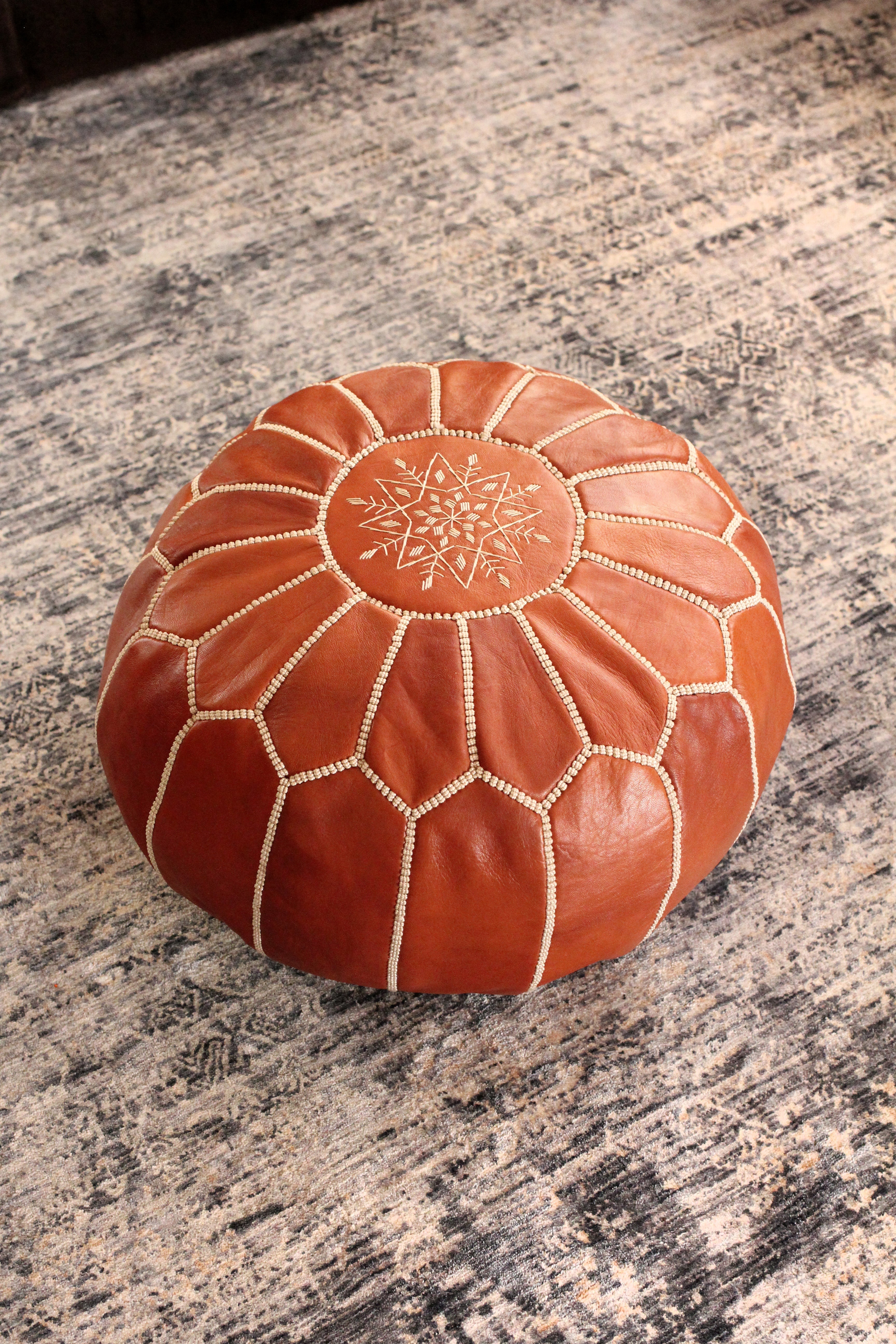 Jasmine Moroccan Leather Pouf | Handcrafted Floral Embroidered Ottoman