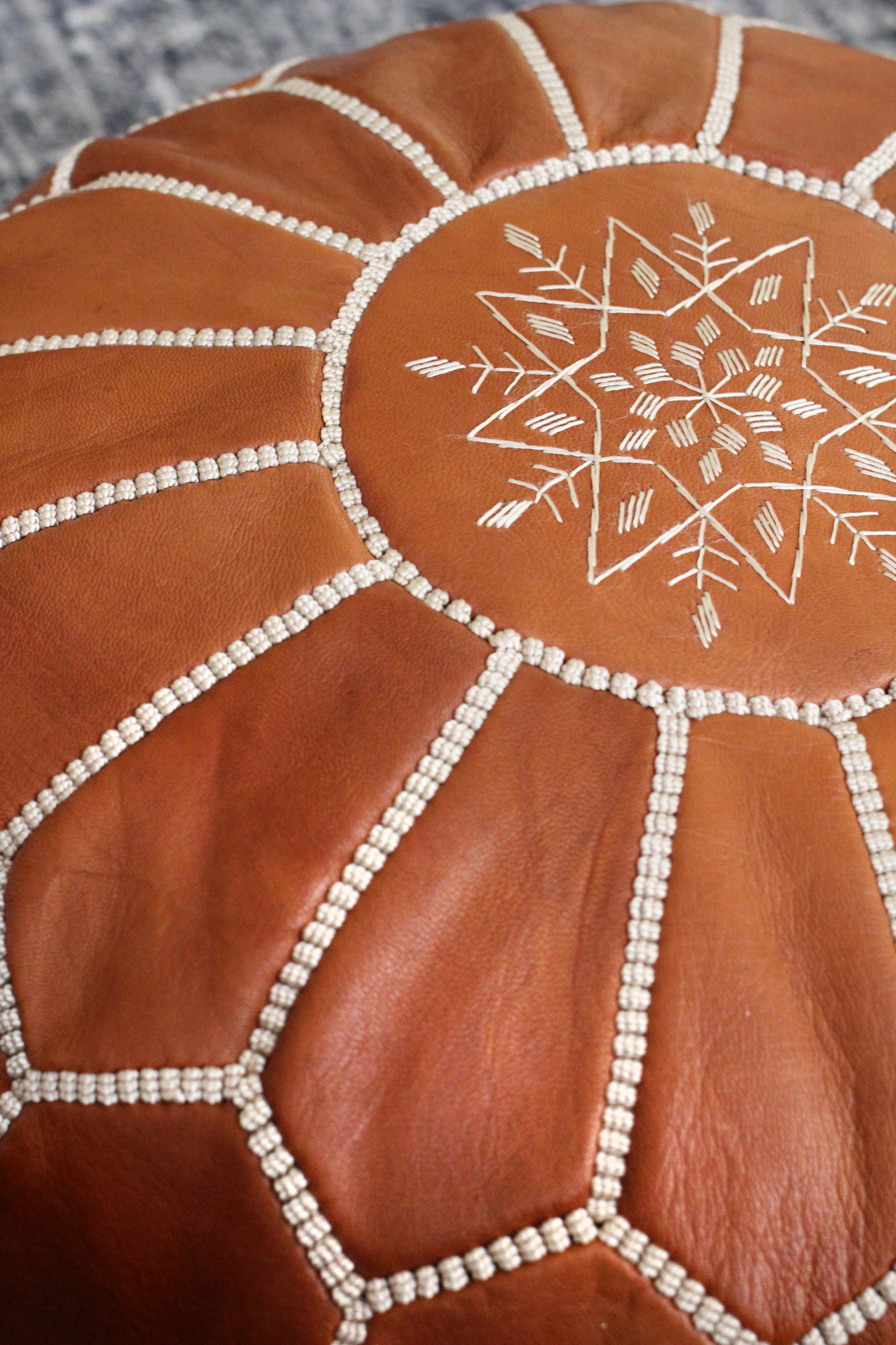 Jasmine Moroccan Leather Pouf | Handcrafted Floral Embroidered Ottoman