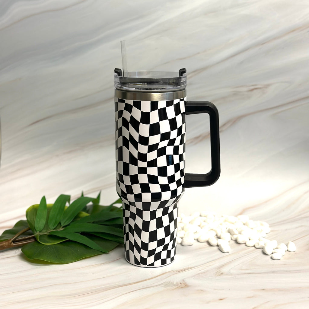 Stylish Checker 40oz Water Cup with Handle & Straw | Pink & Black