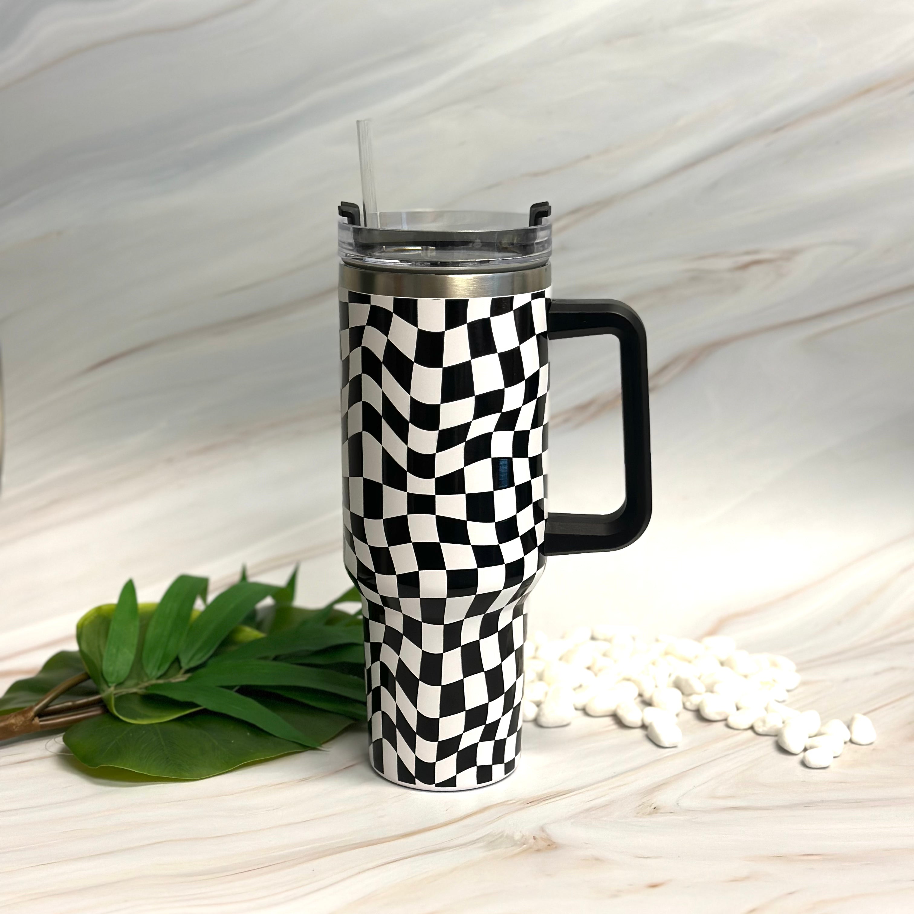 Stylish Checker 40oz Water Cup with Handle & Straw | Pink & Black