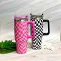 Stylish Checker 40oz Water Cup with Handle & Straw | Pink & Black