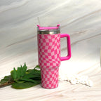 Stylish Checker 40oz Water Cup with Handle & Straw | Pink & Black