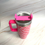 Stylish Checker 40oz Water Cup with Handle & Straw | Pink & Black